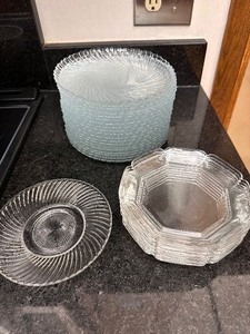 lot 236 image: Clear Glass Salad Plates - 1 Federal Depression Clear Glass Diana PlateSaucer, 6 Clear Hexagon Glass Plates, & 19 Vintage France Seabreeze Salad Plates