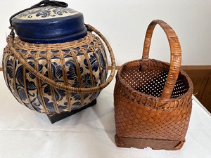 lot 345 image: Vintage Handmade Tai Bambook Rice Storage Vessel and Antique Chinese Basket