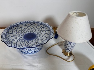 lot 348 image: Chinese Blue and White Porcelain Tazza Pedestal Bowl for Ottoman Market Early 20th Century and Blue and White Porcelain Lamp