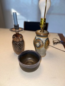 lot 308 image: Pottery Bowl, Owl Candlestick Holder, and Light