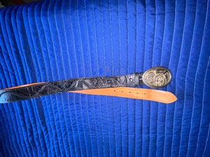 lot 377 image: Western Leather Belt and Cattle Roper Metal Bet Buckle Size 36