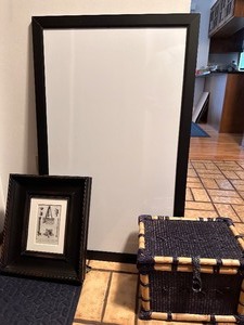 lot 496 image: White Board, Frame and Wicker Basket Box