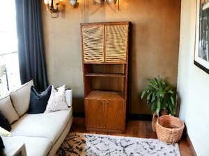 lot 2 image: Jack Cartwright for Founders Furniture Walnut and Cane Cabinets, Circa 1960s in Excellent Condition. Two cabinets total.