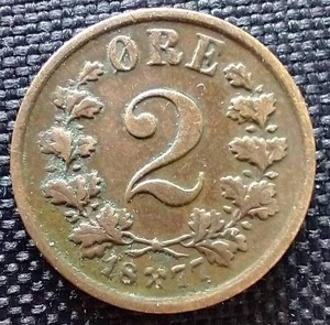 1877 Norwegian 2 Ore Coin