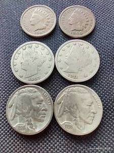 (6) Vintage American Coins - Indian Pennies, Buffalo Nickels, V Nickels