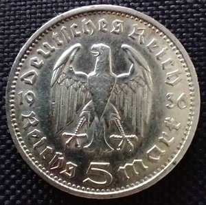 1936 German Third Reich 5 Mark Silver Coin