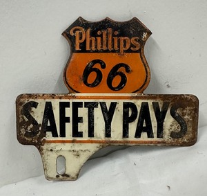 lot 21 image: Vintage 1940s - 50s Automobile Advertising License Plate Toppers Phillips 66 & Pennzoil