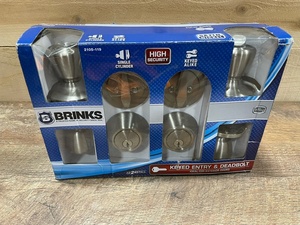 lot 22 image: Brinks, Keyed Entry Tulip Doorknob and Deadbolt Combo, Satin Nickel Finish, Twin Pack -BRAND NEW - RETAIL PRICE $53