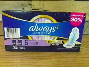 lot 84 image: Always Ultra Thin, Size 5, Extra Heavy Overnight Pads & Wings, Unscented 72