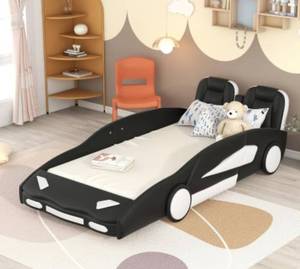 lot 130 image: FridayParts Twin Size Race Car-Shaped Platform Bed with Wheels, Black