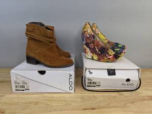 lot 72 image: Pair of Aldo Womens Size 7 Shoes - Isidora Brown Booties and Gebhard Studded Floral Platform Wedge K