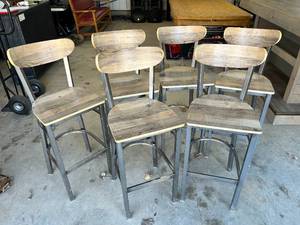 lot 51 image: Lot of Six Hardwood & Steel Framed Bar Stools