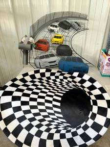 lot 109 image: 3 Dimensional Metal Stock Car Racing Wall Art with Plush Checkerboard Indoor Mat