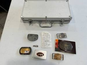 lot 110 image: Lot of Collectible Trucker Themed Belt Buckles and Thermo King Metal Plate Poker Chip Set