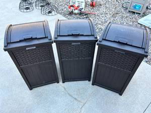 lot 133 image: Lot of Three Suncast 33 Gallon Hideaway Outdoor Trash Bins