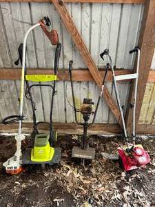 lot 24 image: Large Lot of Tillers & Weedeaters - Untested - Electric Tiller Works - See Pictures
