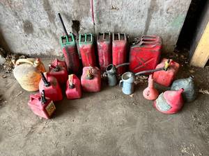 lot 114 image: Huge Lot of Steel & Plastic Gas Cans - See Pictures Best Gas Can Lot Ever