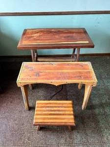 lot 220 image: Ole Time Vintage Hardwood Table, Bench & Footstool