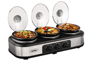 lot 38 image: Sunvivi Triple Slow Cooker Buffet Server - 1.5 Quart Ceramic Pots with Adjustable Temp and Lid Rests, Stainless Steel, Total 4.5 Quarts