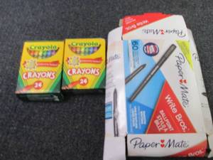 lot 26 image: 2- pks Crayons, 60 pk PaperMate Pen...