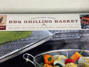 11.5 Diameter Stainless Steel BBQ Grilling Basket with Locking Lid. New in Box.