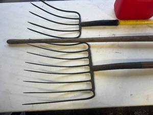 Adjustable Height Sawhorse, Pitchforks, Shovel, 1 Gallon Gas Can