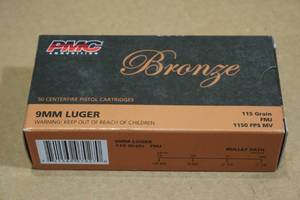 lot 178 image: 50 PMC Bronze 9mm Luger 115 Gr FMJ Ammo