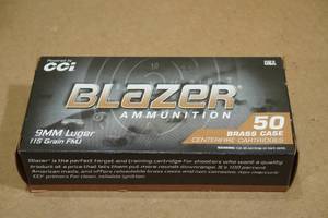lot 179 image: 50 CCI Blazer Brass 9mm Luger 115 Gr FMJ Ammo