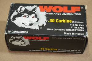 lot 185 image: 50 Wolf .30 Carbine 110 Gr FMJ Steel Case Ammo