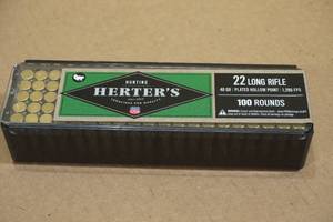 lot 197 image: 100 Herters .22 LR 40 Gr Plated HP Ammo