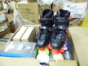Box of exercise and sporting supplies and accessories