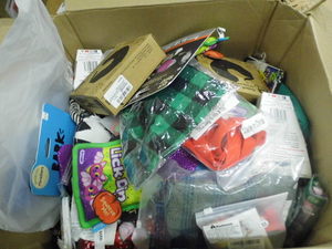 Box of dog toys, collars, clothing and more