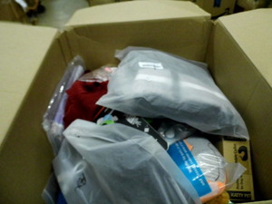 Box of Assorted dog toys, clothing, accessories and other supplies