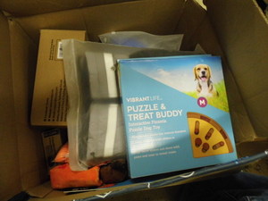 Box of Assorted dog toys, accessories and other supplies