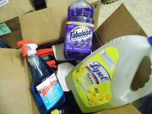 Box of Assorted household cleaners and Multi-fold towels