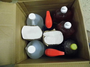 Box of Assorted household cleaners and Multi-fold towels