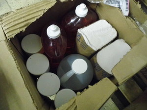Box of Assorted household cleaners and Multi-fold towels