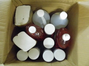 Box of Assorted household cleaners and Multi-fold towels