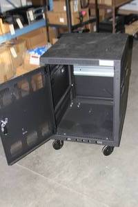 lot 32 image: $1,000 MSRP  Middle Atlantic PTR-1426 Rolling Portable Audio Video Equipment Server Rack with Heavy Duty Casters