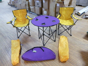 lot 143 image: Mystic Tailgate Folding Pop-Up Table and 2 Chairs