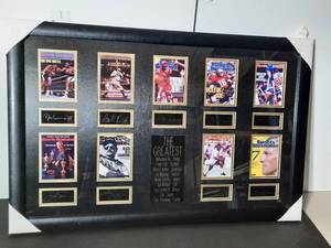 lot 94 image: The Greatest with signatures Ali, Ruth, Jordan, Montana, Gretzkey, Nicklaus, Earnhardt, Pele, Armstrong, Professionally framed.