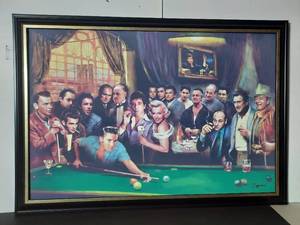 lot 118 image: Signed by artist Jiang Zunzhong Movie legends shooting pool, stretched and framed