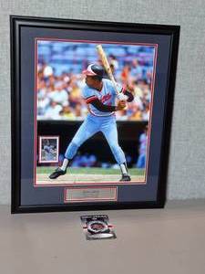 lot 43 image: Signed Authenticated photo of Rod Carew HOF 1991 Minnesota Twins and signed Card, Professionally framed.