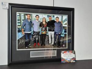 lot 64 image: Signed Authenticated&nbspphoto of Hometown Heroes Thielen Vikings, Jones Timberwolves, Whalen Lynx, Glen Perkins Twins, Zach Parise Wild. Framed