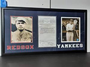 lot 75A image: Officially licensed by MLBP Transfer Paperwork for Babe Ruth from Boston Amer. League Baseball Club to Amer. League Baseball Club of New York 1919 Professionally framed.