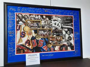 lot 31A image: Teams-signed Lithograph Hat Trick of Gold by Tim Cortes, VIII Olympic Games Signed Squaw Valley 60 LK Placid 80, Japan 98