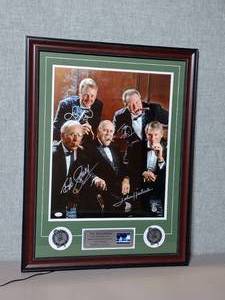 lot 9 image: RARE Signed Authenticated photo of The Boardroom Boston Celtics Larry Bird, Bob Cousy, Red Auerbach, John Havlicek, & Tom Heinshon, professionally framed with...