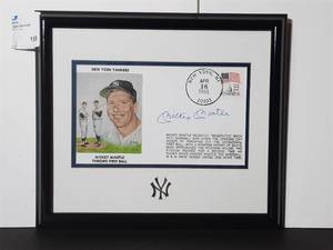 lot 188 image: Signed Post Card of Mickey Mantle Throws First Ball, New York Yankees, framed