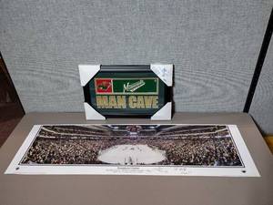 lot 225 image: Signed Panoramic View of Inaugural Game NHL returns to The State of Hockey Oct 11, 2000 and Minnesota Wild Man Cave, framed