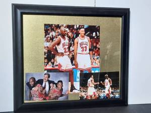 lot 193 image: Collage featuring Jordan #23 and Pippen #33, professionally framed